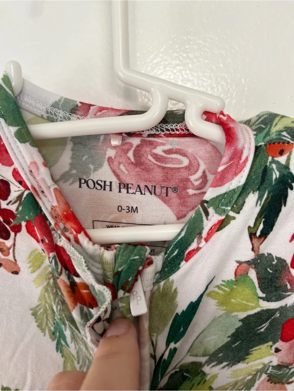 Posh Peanut White Floral Zip-Up Footed One-Piece - Red & Green